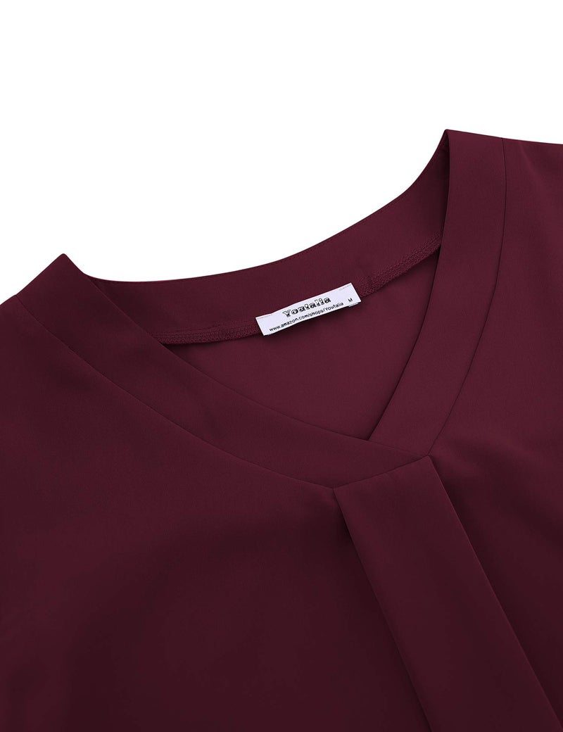 Youtalia Womens Dress Blouses for Work: 3/4 Sleeve Chiffon Tunic Shirts - Ladies Pleated Tops for Leggings - Western Tunic Tops for Office Dark Red S - Image 5